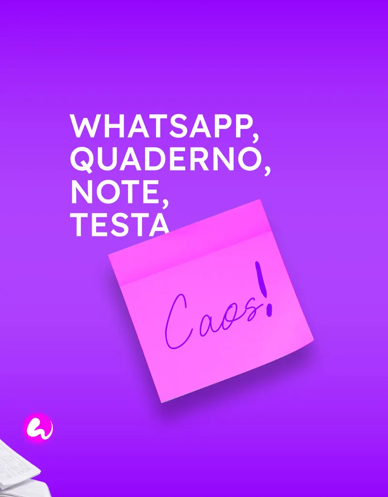 WhatsApp, quaderno, note, testa: un post-it con scritto caos.